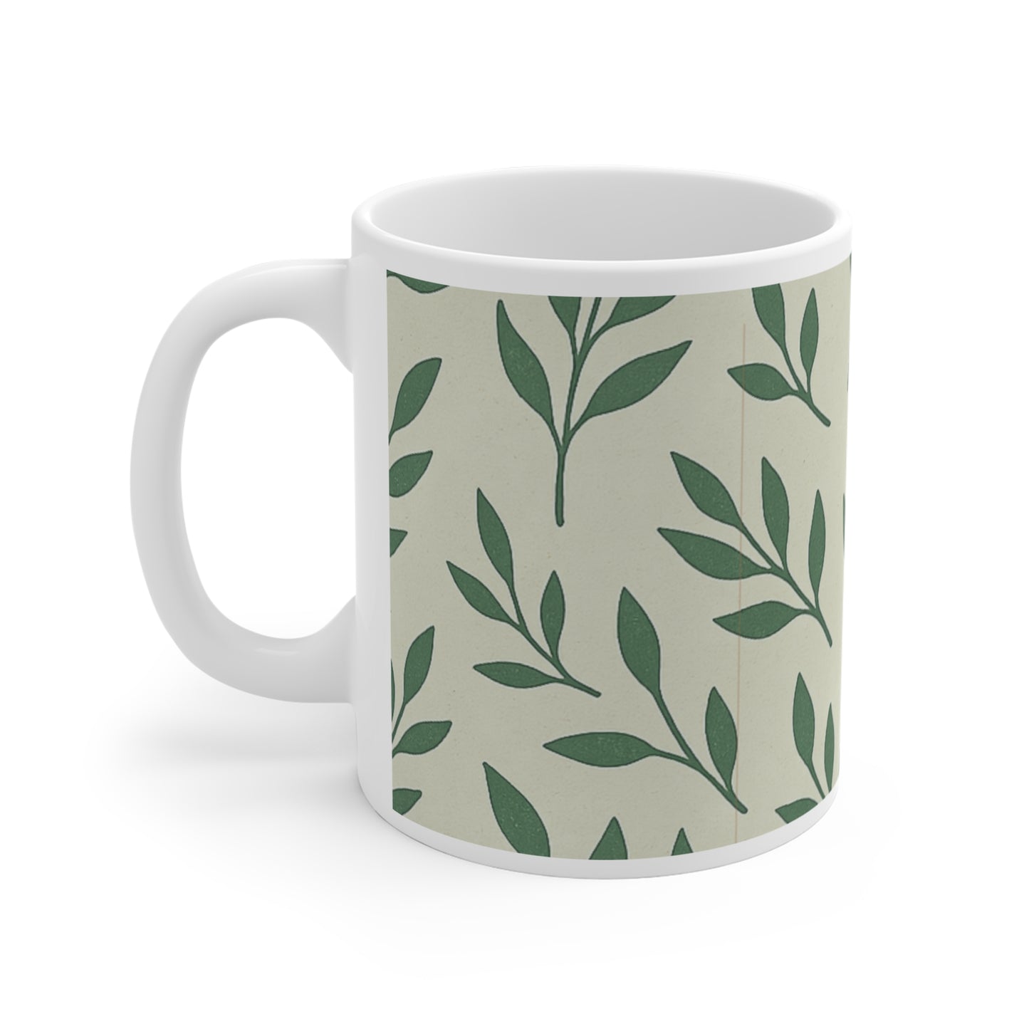 Make it Happen Mug 11oz Forest Green and Cream Leaves Branches Nature Design