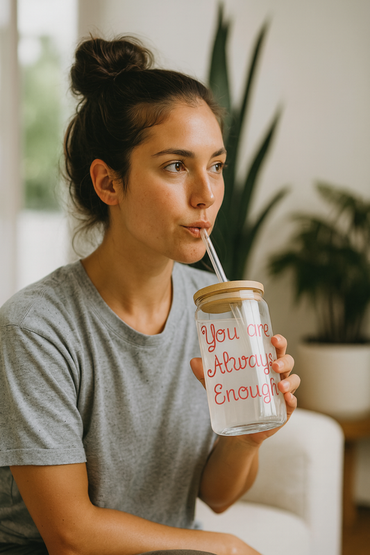 Motivational Sipper Glass, "Always Enough Drinkware", Inspirational Gift, Eco-friendly MugDecor, Positive Vibes