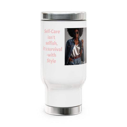 Self-Care Survival Stainless Steel Travel Mug - 14oz Coffee Cup for On-the-Go, Motivational Drinkware, [...]