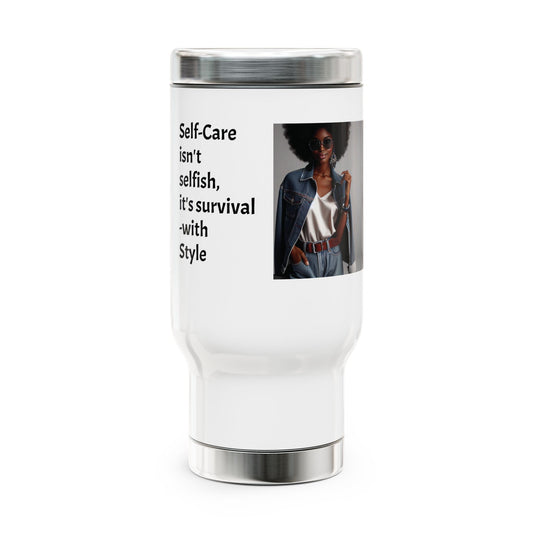 Self-Care Survival Stainless Steel Travel Mug - 14oz Coffee Cup for On-the-Go, Gift for Busy Moms, Motivational Drinkware, [...]