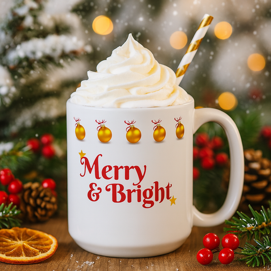 Merry & Bright Mug | Gold Ornament Holiday Coffee Cup