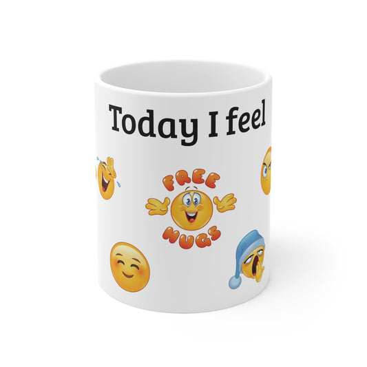 Funny Emoji Mug - "Today I Feel" Free Hugs Design, Gift for Friends, Office Humor, Coffee Cup for Cheerful Moods, Cute Emoji Mug